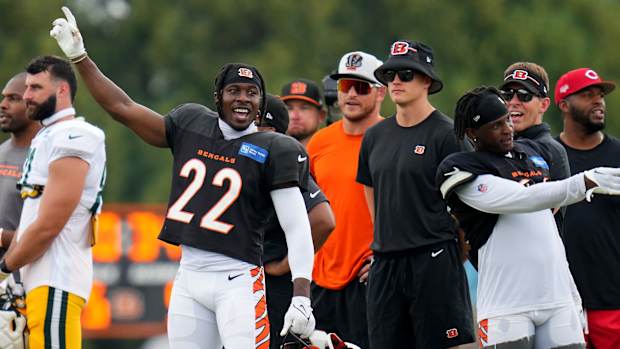 Cincinnati Bengals cornerback Chidobe Awuzie (22) reacts to a play during a joint practice between the Green Bay Packers and the Cincinnati Bengals, Wednesday, Aug. 9, 2023, at the practice fields next to Paycor Stadium in Cincinnati.